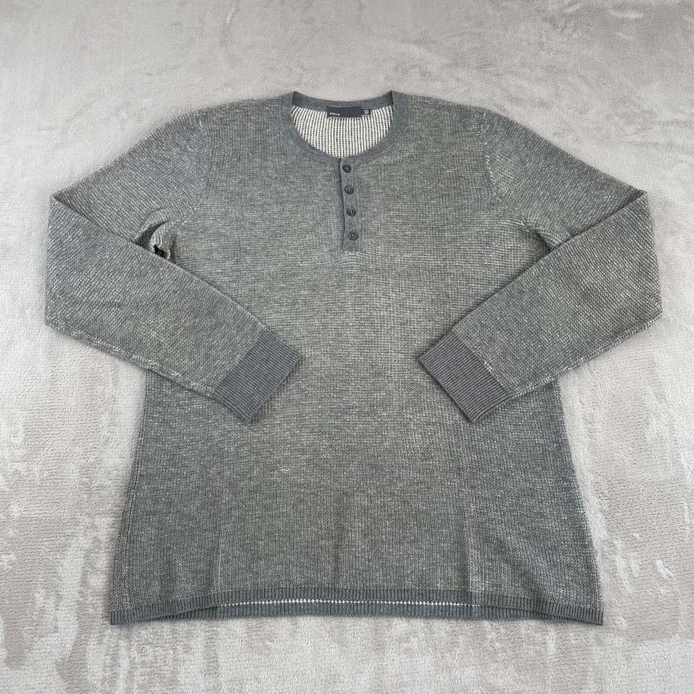 VINCE Henley Shirt Men XL Grey 100% Wool Waffle Knit Long Sleeve Designer